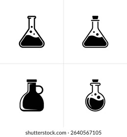 This black and white image presents four distinct vector icons of laboratory beakers and glass bottles. The icons are set against a clean white background.