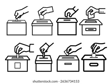 This black and white image showcases eight unique line art illustrations of hands inserting ballots into voting boxes, all set against a clean, white background.