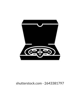 This black and white image showcases an open pizza box containing a pizza, designed in a sleek, minimalist style perfect for icons and graphics.