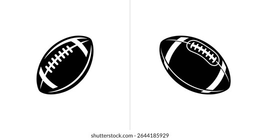 Esta imagem em preto e branco mostra duas bolas de futebol americanas com listras brancas distintas e costurando contra um fundo branco nítido. O design minimalista é impressionante.