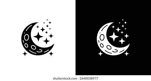 This is a black and white image showing an icon of a moon adorned with several stars, displayed against contrasting white and black background halves.
