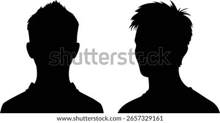 This black and white image shows vector silhouettes of two men with distinct hairstyles. The first man has a short, spiky hairstyle, while the other has longer, textured hair.