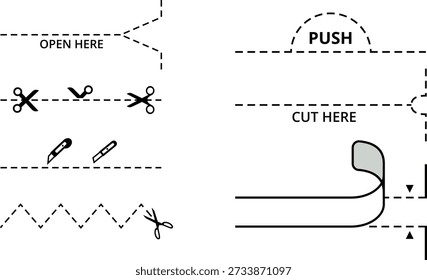 Este gráfico instrucional em preto e branco ilustra vários métodos de corte e abertura, incluindo tesouras, facas utilitárias e linhas perfuradas. Ele orienta o usuário sobre como desanexar ou montar corretamente componentes de um modelo ou folha de embalagem com segurança.