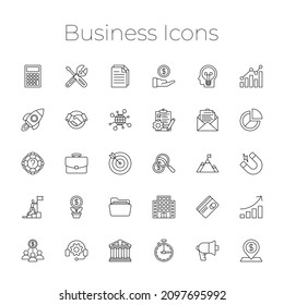 This black and white line art set illustrates the simple web business icons