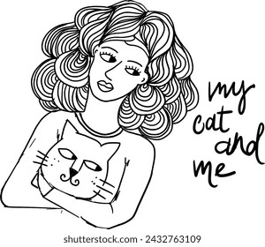 This black and white line art illustration depicts a woman lovingly embracing a cat. The simplistic yet expressive design makes it perfect for various applications, wall art prints or greetings