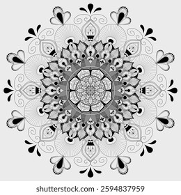 This is a black and white line art drawing of a crescent moon filled with intricate mandala patterns. The mandala design features floral elements, geometric shapes, and detailed line work