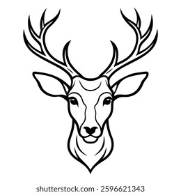 This black and white line art illustration of a deer head hand-drawn design perfect for tattoos, logos, wildlife-themed artwork, rustic home decor, hunting emblems, apparel prints, woodwork designs.