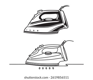 Esta ilustração em preto e branco representa um ferro doméstico em um design gráfico estilizado.