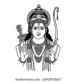 Esta ilustração em preto e branco retrata Lord Rama, o venerado príncipe de Ayodhya do épico indiano Ramayana