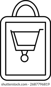 Este es un ícono de arte de línea en blanco y negro que muestra un bolso de compras rectangular con un asa redondeada y un contorno minimalista y simplificado de un Carrito de compras que se muestra en su parte frontal.