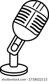 Este ícono de Vector artístico en blanco y negro cuenta con un micrófono retro clásico, perfecto para transmitir, transmitir podcasts y grabar música. Ideal para Sitios web, App, redes sociales, marketing y contenido educativo relacionado con audio, sonido, comunicación y entretenimiento.