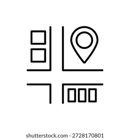 This black and white line art image presents a minimalist representation of a street map. It features an intersection of two roads, with simple square shapes on the sides indicating buildings or plots of land. A large, distinct location pin icon, commonly used for GPS or navigation, is prominently placed at one point on the map, signifying a specific point of interest or a current position. The clean lines and clear design make it suitable for icons, digital interfaces, or conceptual representations of urban planning, travel, or geographic information.
