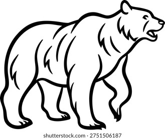 This black and white line art illustration features a large bear walking with a fierce and intimidating expression. The detailed drawing captures the creature's muscular build, powerful limbs, and distinctive fur, emphasizing its strength and wild nature. Suitable for wildlife themes, logos, or educational purposes, the illustration portrays the majestic and primal essence of the bear in a simple yet striking style that highlights its raw power and wild spirit.