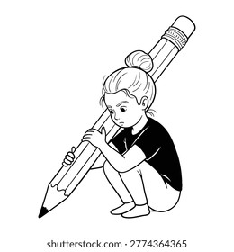 This black and white line art illustration depicts a young girl with a bun crouching down while hugging a giant pencil with a thoughtful expression.
