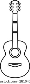 This is a black and white line art icon depicting an acoustic guitar with a visible fretboard soundhole and body. The image features a transparent background and a minimalist style.