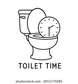 This is a black and white line art illustration depicting a toilet with a clock integrated into the tank. The image features a simple, clean outline style, showcasing the fixture and time-telling device.