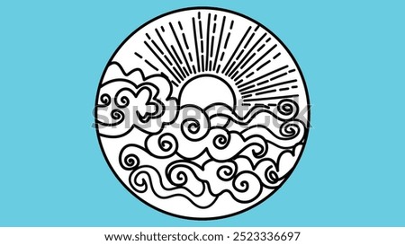 This black and white line art image shows a stylized sun rising over swirling clouds inside a circular frame with a bright cyan background, symbolizing new beginnings.
