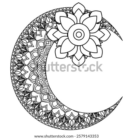 This is a black and white line art drawing of a crescent moon filled with intricate mandala patterns. The mandala design features floral elements, geometric shapes, and detailed line work, 