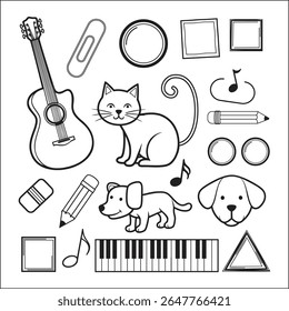 This black and white line drawing features a guitar, a cat, a dog, and various musical and school supplies. It includes a piano, pencil, eraser, and geometric shapes.