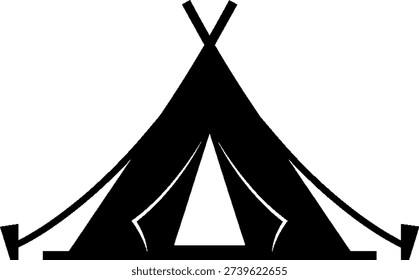 This is a black and white line drawing of a traditional teepee with geometric patterns. The teepee is depicted with two poles crossing at the top and a triangular opening at the front. The sides of the teepee feature geometric designs, adding a decorative element to the structure.
