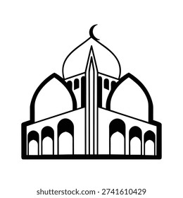 This black and white line drawing depicts the architecture of a mosque, featuring a prominent minaret and domes. It is a simple yet detailed illustration that captures the essence of Islamic architectural design.
