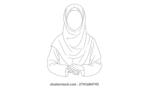 This black and white line drawing showcases a woman adorned in a hijab, with a blank face, emphasizing cultural and religious representation.
