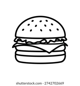 This is a black and white line drawing of a double-decker burger. The burger consists of a bottom and top bun, with visible layers of lettuce, tomato, and a patty. The sesame seeds on the bun are also depicted, giving it a detailed yet simple appearance.