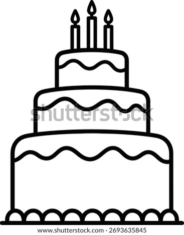 This is a black and white line drawing of a classic three-tiered birthday cake. It features wavy lines on each tier and three candles.