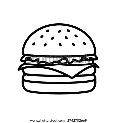 This is a black and white line drawing of a double-decker burger. The burger consists of a bottom and top bun, with visible layers of lettuce, tomato, and a patty. The sesame seeds on the bun are also depicted, giving it a detailed yet simple appearance.