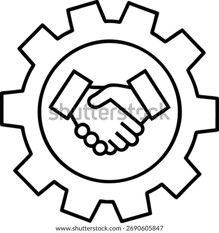 This is a black and white line icon depicting two hands shaking in the center of a gear or cogwheel. 