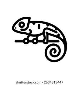 This black and white linear renders a chameleon clutching a branch, emphasizing its curved tail and detailed skin markings. The design is isolated on a white backdrop.