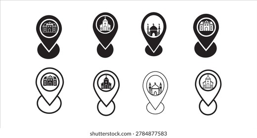 This black and white location pin icon set contains illustrations of world-famous landmarks such as the Colosseum, St. Basil’s Cathedral, the Taj Mahal, and other iconic monuments.