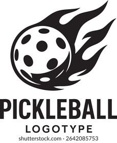This is a black and white logo design featuring a pickleball with flames and the word "PICKLEBALL" in bold font.