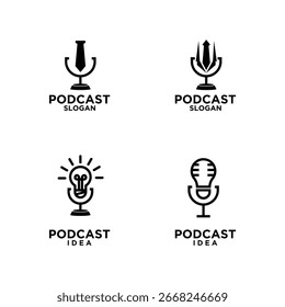 Este conjunto de logotipos en blanco y negro presenta micrófonos de podcast diseñados creativamente con una corbata y una bombilla, que representan discusiones de negocios e ideas innovadoras.