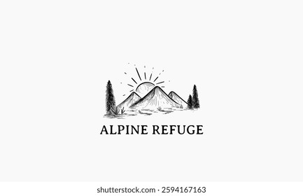 This is a black and white logo showcasing a mountain scene, a rising sun, and evergreen trees.