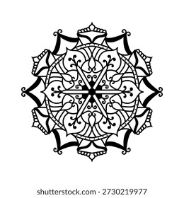 Este mandala blanco y negro combina formas geométricas agudas con curvas ornamentales fluidas, dispuestas alrededor de un eje central fuerte. Creado como arte lineal detallado para colorear páginas, tatuajes, impresiones y obras de arte de Vector.