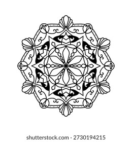 Esta mandala em preto e branco mostra linhas florais e geométricas interligadas dispostas em um equilíbrio radial limpo. Desenhado como linha de arte detalhada para colorir páginas, referências de tatuagem, impressões e decoração.