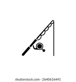 This is a black and white minimalist style icon of a fishing rod, fishing reel, and fishing line, isolated on a white background for use in designs.