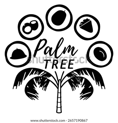 This black and white palm tree logo features fruit icons. Its transparent background makes it easy to use for various design projects, especially for menus.