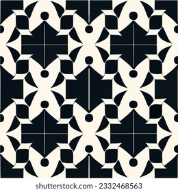 This black and white pattern showcases a mesmerizing arrangement of geometric shapes. Resembling patterned tilework and irregularly shaped mosaic tiles, it creates a visually striking and dynamic.