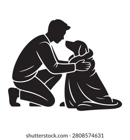 This black and white a person kneeling and comforting a dog wrapped in a blanket. The simple silhouette themes of animal care and companionship on white.
