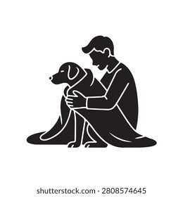 This black and white a person sitting and hugging a dog wrapped in a blanket. The simple silhouette conveys themes of comfort, emotional support, and pet care on white.