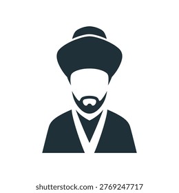 This black and white silhouette depicts a historical figure dressed in traditional attire, including a turban, a full beard, and a high-collared garment that drapes over the shoulders. The figure has a solemn expression and is likely representing someone of cultural or religious significance from a bygone era.