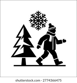 This black and white silhouette depicts a person walking outdoors during winter, dressed warmly in a beanie, scarf, and heavy coat. Snowflakes are falling around a pine tree, creating a serene winter scene. The minimalist style highlights the essence of a cold-weather walk with simplicity and clarity.