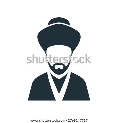 This black and white silhouette depicts a historical figure dressed in traditional attire, including a turban, a full beard, and a high-collared garment that drapes over the shoulders. The figure has a solemn expression and is likely representing someone of cultural or religious significance from a bygone era.