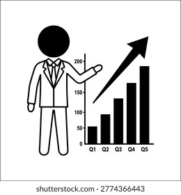 This black and white silhouette image features a business professional pointing towards a bar and line graph illustrating a significant upward trend in quarterly growth. The chart shows increasing values from Q1 to Q5, symbolizing financial success and positive business metrics.