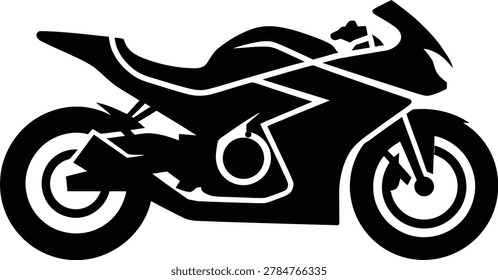 This is a black and white silhouette of a motorcycle. The vector illustration depicts the side profile of a sportbike, showcasing its sleek design and dynamic form. It is isolated on a white background.