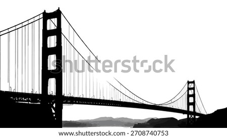 This black and white silhouette showcases the iconic Golden Gate Bridge, a symbol of San Francisco and a marvel of engineering. The image captures the bridge's elegant suspension design, its