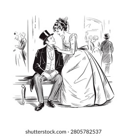 This is a black and white sketch-style illustration depicting a courting couple in formal Victorian-era clothing. The scene features a