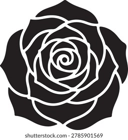 This is a black and white stencil-style vector graphic of a fully bloomed rose flower. The design features a bold, monochrome silhouette where the individual petals are separated by thin, clean white negative space lines that outline the structure and swirling spiral pattern of the rose blossom. The overall shape is tightly contained within a rounded, circular format, making it highly suitable for laser cutting, stencils, vinyl decals, tattoos, block printing, and clean emblem designs.